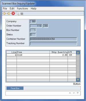 FIGURE 124 SHIPPING INFORMATION WINDOW Clicking on the ENTER icon will display the contents of the container, along with the number of units packed, illustrated in the Scanned Box Inquiry/Update