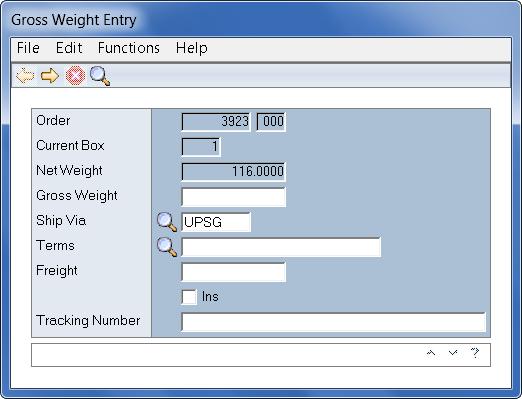 Order Verification Summary Clicking on the END ORDER button, from the Order Verification - Enter Line Items detail window, displays the Gross Weight Entry window provided the Cross Applications