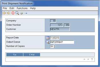 Shipment Notification Clicking on the SHIP NOTIFICATION button, from the Shipping Entry Order Verification summary window, prompts the display of the Print Shipment Notification window from which the