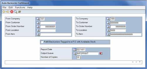 Auto Backorder Fulfillment The Auto Backorder Fulfillment option permits the user to create a work file for those items that are currently on backorder that may have stock availability.