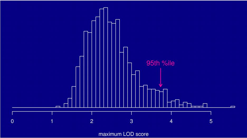 More on LOD thresholds ppropriate threshold depends on Size of genome Number of typed markers Pattern of missing data Stringency