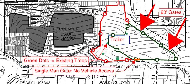See attached fencing plan for the area near the Fox Center.