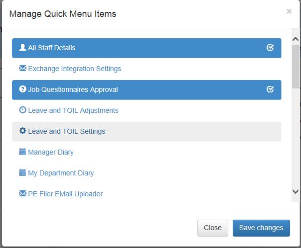 MANAGE MENU This option allows the user to select up to 10 pages to add to their list of favourites. Clicking onto a page will mark the page as selected.