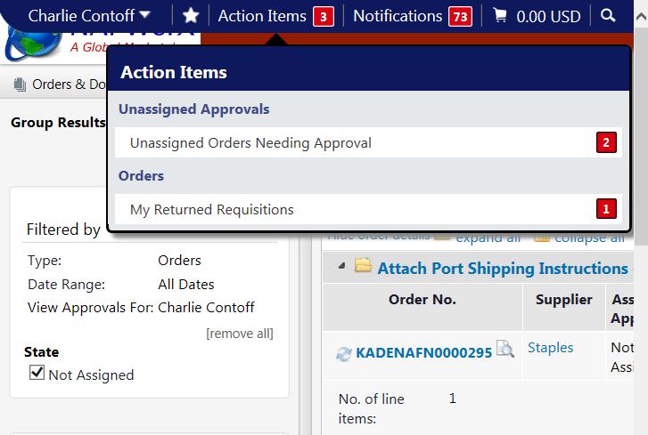Select Action Items, Unassigned Approvals area, Unassigned Orders Needing Approval and locate the Attach Port Shipping Instructions folder Locate the order and select the applicable award number.