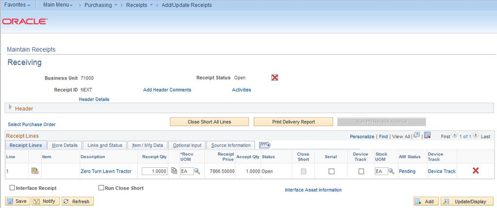 Receiving Items The AM Status is the status of the item data in relation to PeopleSoft Asset Management.