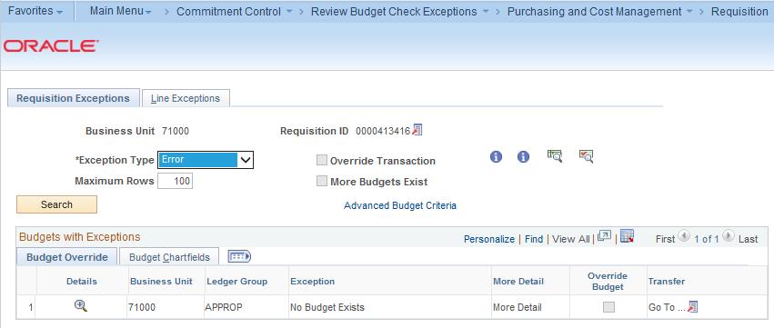 Managing Requisitions On the Budget ChartFields tab, you can review the ChartFields that are in error.