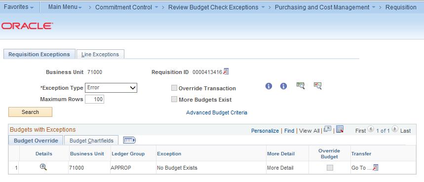 Managing Requisitions Also on the Budget Override tab, you can transfer to the Budget Exceptions or Budget Inquiry page by