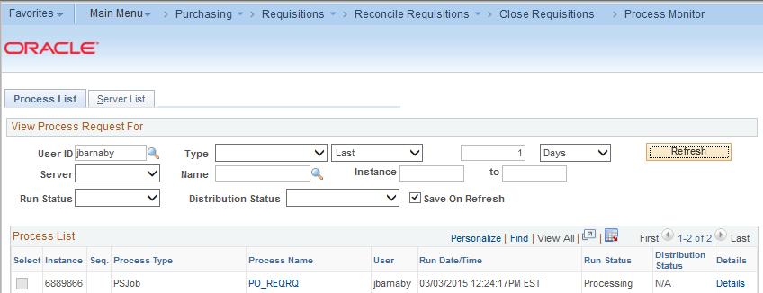Additional Requisition Maintenance view the statuses for the PO_REQRQ PS Job. Once the process successfully completes, select the PO_REQRQ link.
