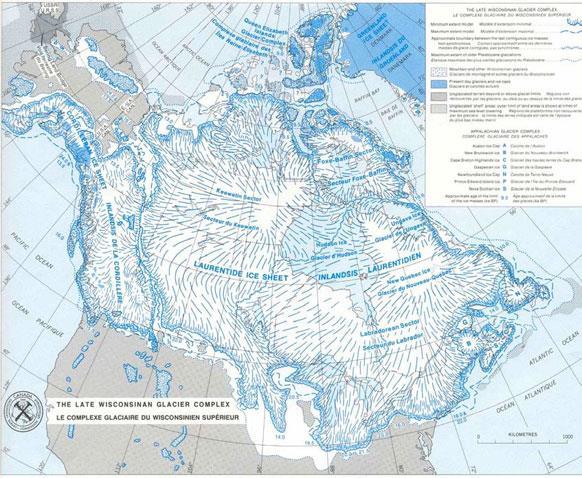 Last Glacial Maximum 2 main ice masses (Laurentide Ice Sheet and the Cordilleran Ice Sheet) Credit to: Canadian