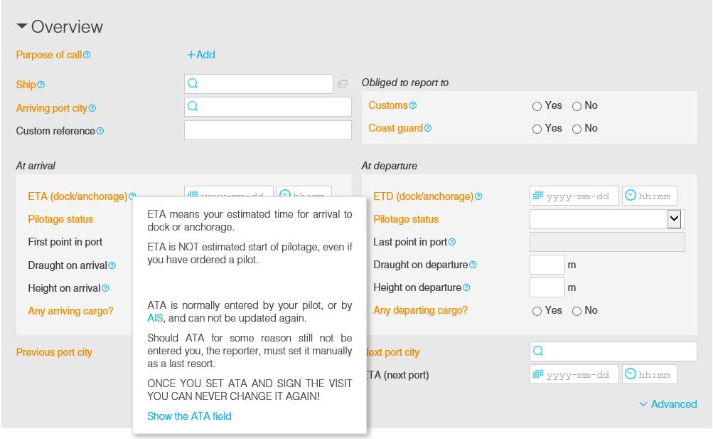 User manual 15 If ATA/ATD (for some reason) is not set automatically by the vessel's AIS, you are required to enter it manually. To get the field for ATA, press "Show the ATA field".
