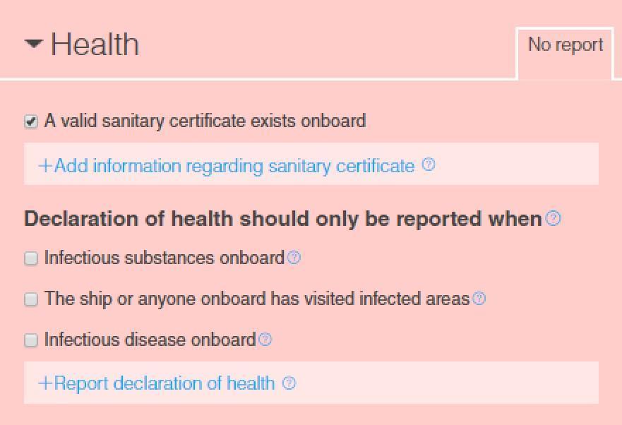Click in the box "A valid sanitary certificate exists onboard".