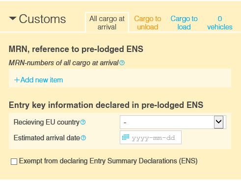 54 User manual SID, MRN and Entry Key When you select "Report Cargo Declaration", you will see the tab "Cargo to unload" and Cargo to load" (depending on what you selected for "Purpose of call").