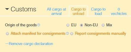 User manual 63 Previous non-eu port and the origin of the goods is non-eu, manifest Conditions: Previous port outside the EU Origin of the goods is non EU Report consignments by attach manifest Note