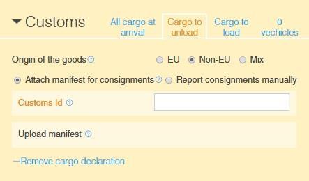 Attach manifest for consignments. When you choose Attach manifest for consignments you must enter the Customs ID and documents must be uploaded in the section "Documentation".