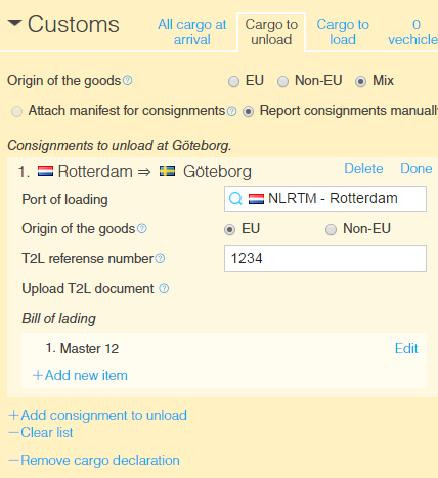 User manual 67 When you choose to report the goods with origin of the EU it is possible to insert reference number to the T2L document and Bill of lading. Note!