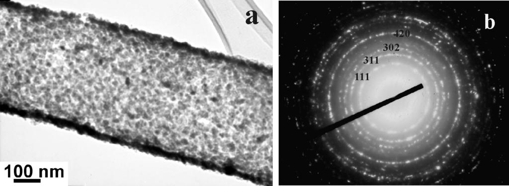 Figure 5.12: (a) TEM image of a single SnSe nanotube with a diameter of 400 nm with polycrystalline walls. (b) Electron diffraction pattern of the tube section seen in(a).