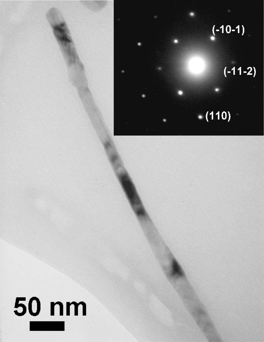 Figure 5.24: Released singlecrystalline tellurium nanowire (d = 25 nm) and its indexed SAED pattern (inset, zone axis [-1 1 3]). 5.4.3 Te nanowires Sonification of the core/shell structures resulted in the removal of the ZnAl 2 O 4 crystallites, and liberated single-crystalline tellurium nanowires can be obtained (Fig.