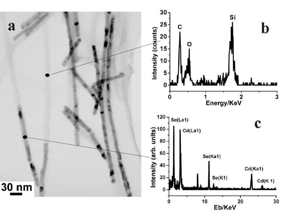 Figure 5.4: Chemical coposition analysis of CdSe nanowires by EDX spectroscopy. (a) TEM images of the investigated nanowire segment. (b) EDX point spectrum measured at the location indicated in (a).