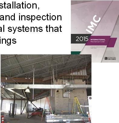 IMC International Mechanical Code Applies to the design, installation, maintenance, alteration and inspection of permanent mechanical systems