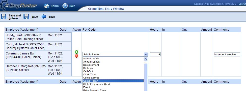 Select the Pay Code to update from the drop down list and enter the time to pay.