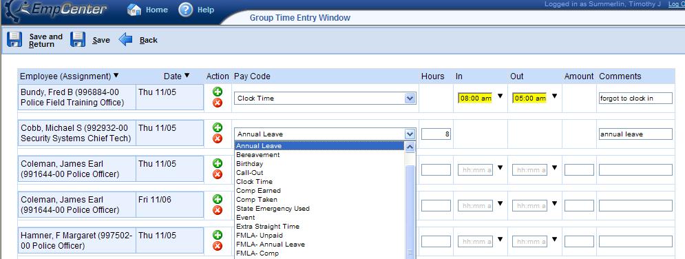 For each employee and date listed, select the pay code from the drop down list, enter the time to be paid and comments