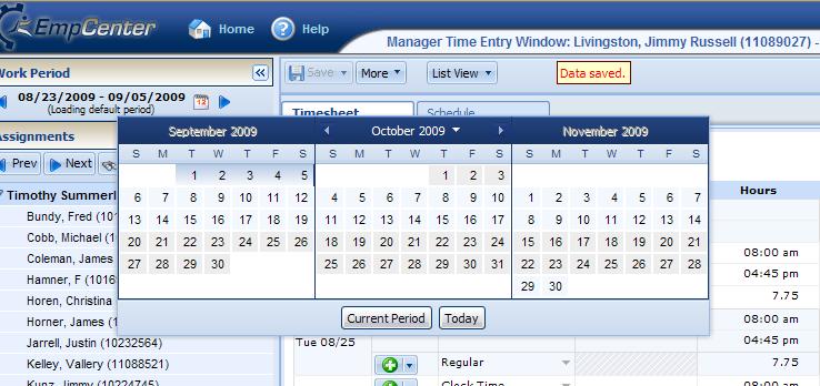 Previous or future timesheets can be displayed by clicking in the date range field under the Work Period.