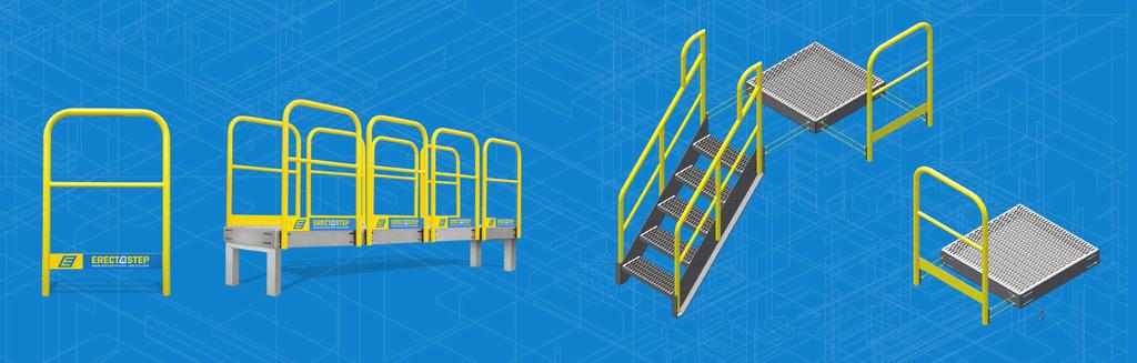 SAFETY HANDRAILS ErectaStep Safety Handrails come in one standardized size and share a bolt hole pattern with the universal platform, allowing the handrails to attach to any side of the platform.