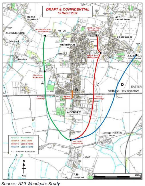 The evidence base developed from the A29 Woodgate Study was subsequently used to inform Arun District Council s draft Local Plan, with route option D to the east of Westergate included within the