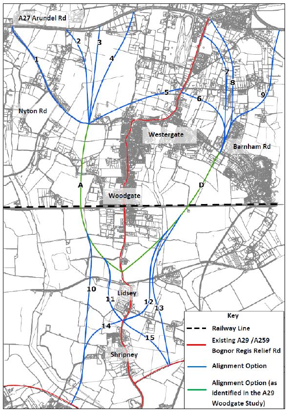 The A29 Realignment Viability Study identified a number of potential route alignments options which could extend from the routes A and D (both routes previously identified as part of the A29 Woodgate