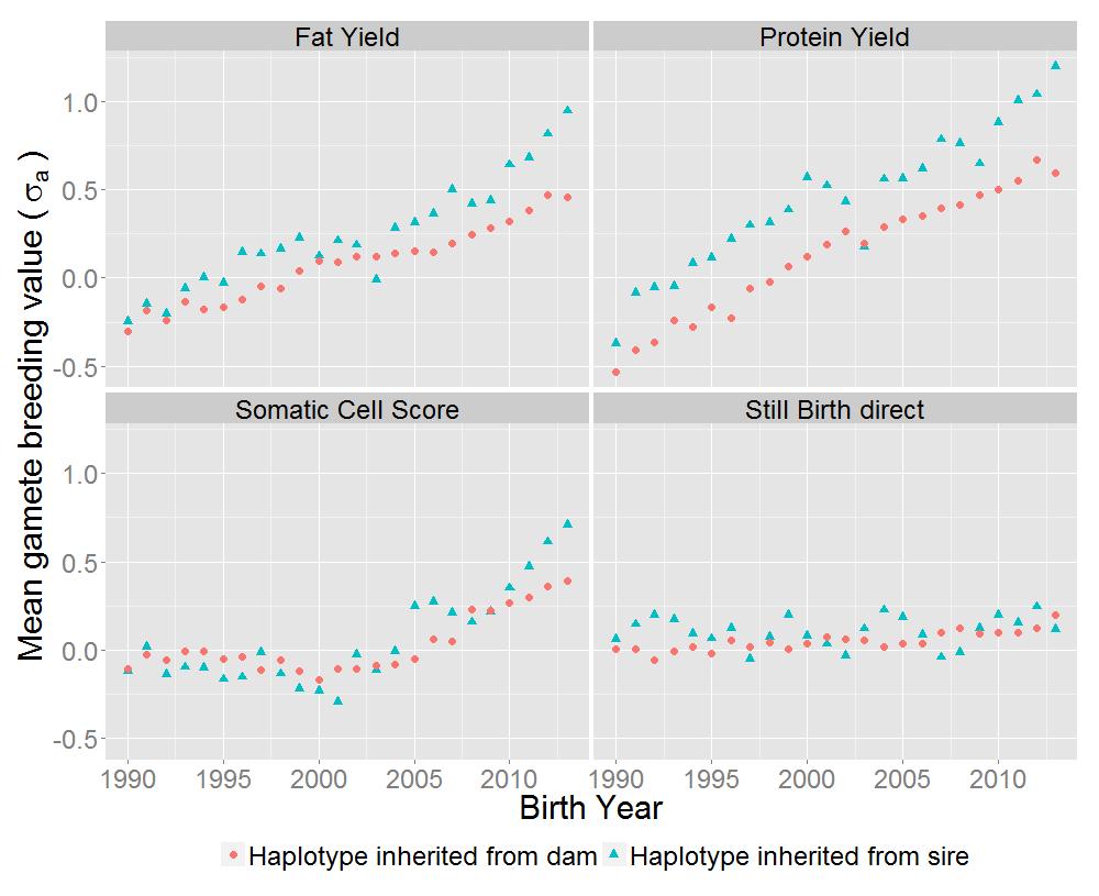 Figure 7 Trend over time of observed MGBV for the haplotype inherited from dam and sire An interesting point is the decrease in paternal MGBV for birth year 2003.