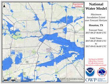 Experimental NWM-based Guidance for Hurricane Harvey Flood Inunda)on Maps based upon the NWM Analysis and 5-Day Forecast Houston Houston Maps supported