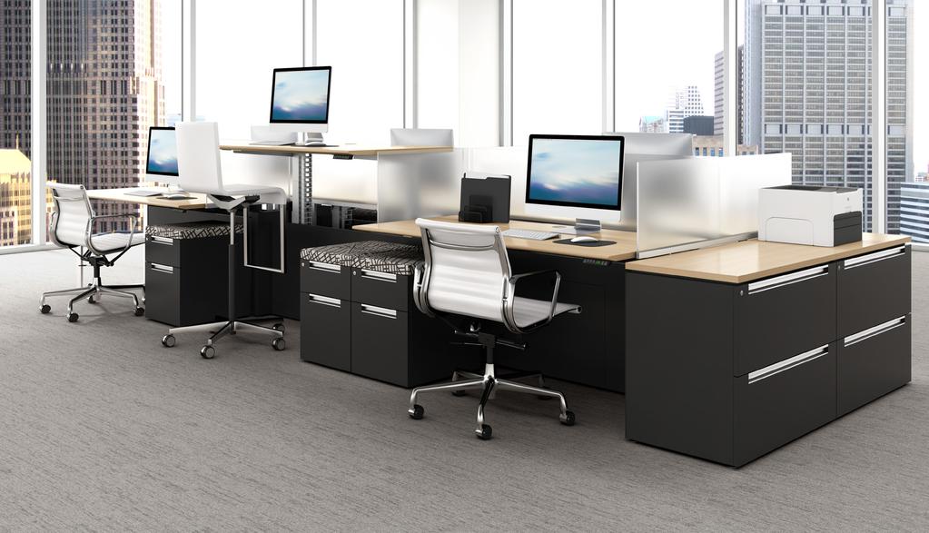 The modular design speaks to varied needs across the office, allowing for single/double sided configurations, layered