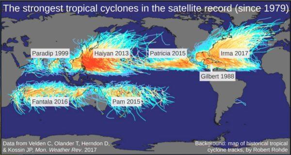 Figure 3- Date and location of the strongest tropical cyclones since 1979 This data shows an increase in most ocean basins across the globe.