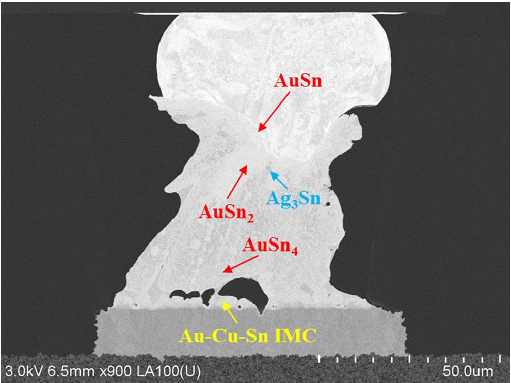 Figure 4. SEM image and EDX analysis of a joint after two reflow processes. Au diffuses into almost the entire solder material. The formed IMCs include AuSn, AuSn 2, AuSn 4 and others.