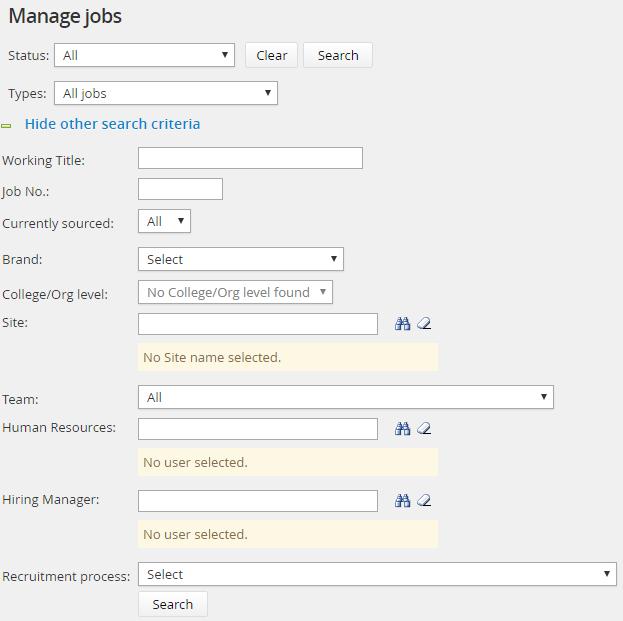 Access to jobs from this area is based on your permission and team settings
