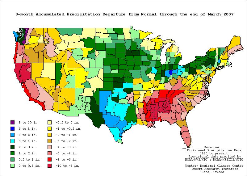 The three-month period (Figure 3) shows that much of the basin is receiving near normal short-term moisture or even a