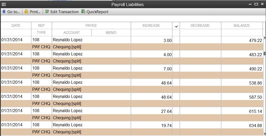 4 Close the QuickReport. L E S S O N 1 2 5 In the Chart of Accounts, double-click the Payroll Liabilities account in the section. QuickBooks displays the register for the account.