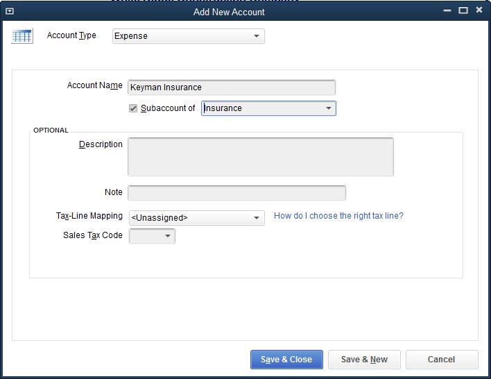 Adding a Subaccount To add a subaccount: In the Chart of Accounts click the Account menu button and then choose New.