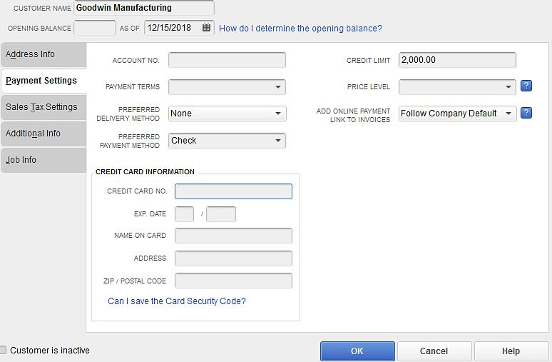 Providing Additional Customer Information / Sales Tax Settings The Payment Settings tab is where you enter customer account numbers and credit limits.