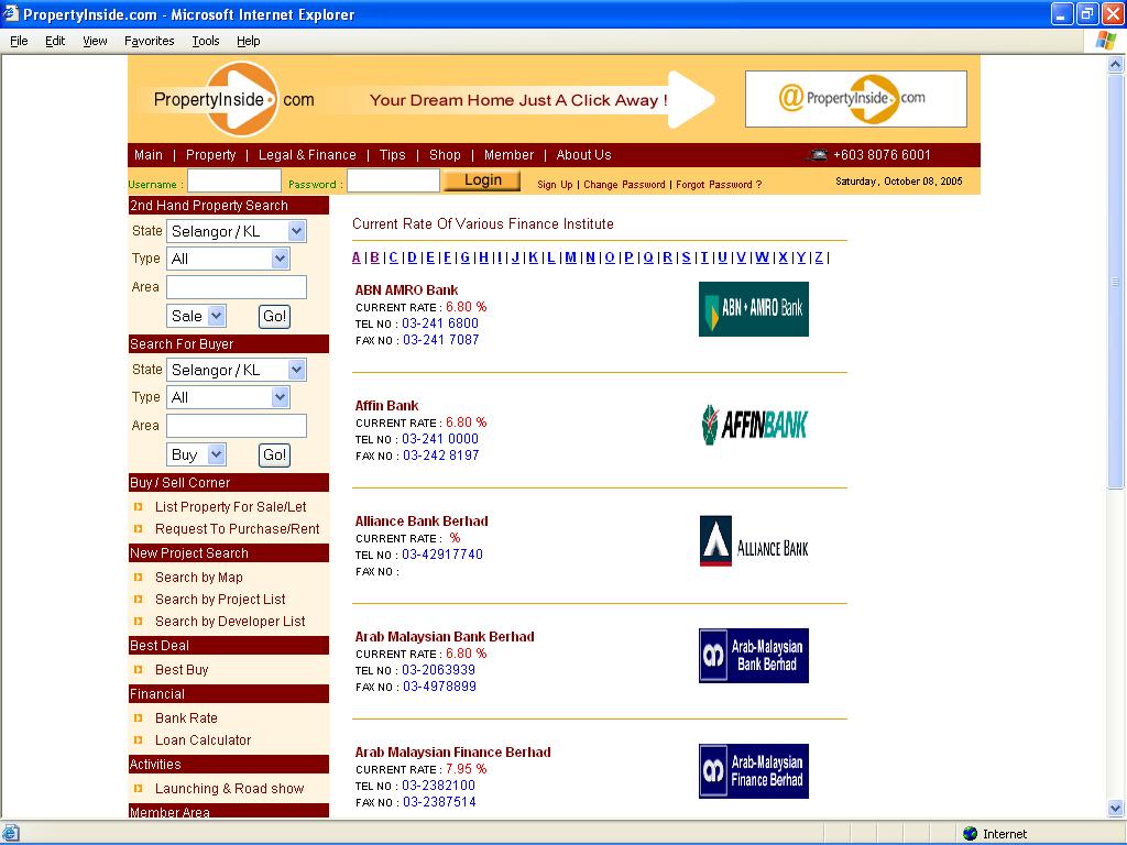 5 Figure 1.4: List of banks rate at PropertyInside.com 1.2.3 homesearch.com.my homesearch.com.my is one of the examples that provide the service that link to the particular banks web site.
