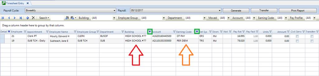 The Timesheet Listing window is now filtered to show only those timesheet records where the earnings code