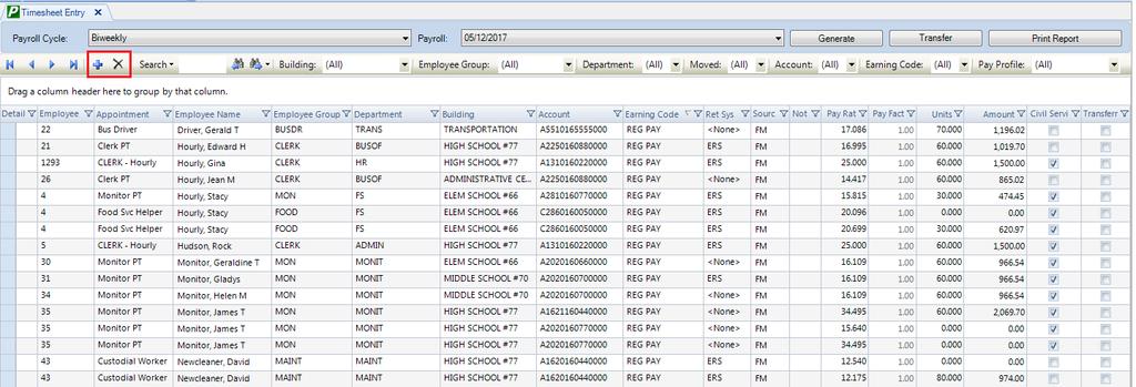 Manually Adding a Timesheet Record The Maintenance toolbar provides options to add or delete a timesheet record for an employee. Adding a Timesheet Record 1.