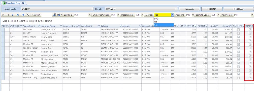 Set the Moved drop-down on the Timesheet window to Yes to view the records transferred to the selected payroll run.