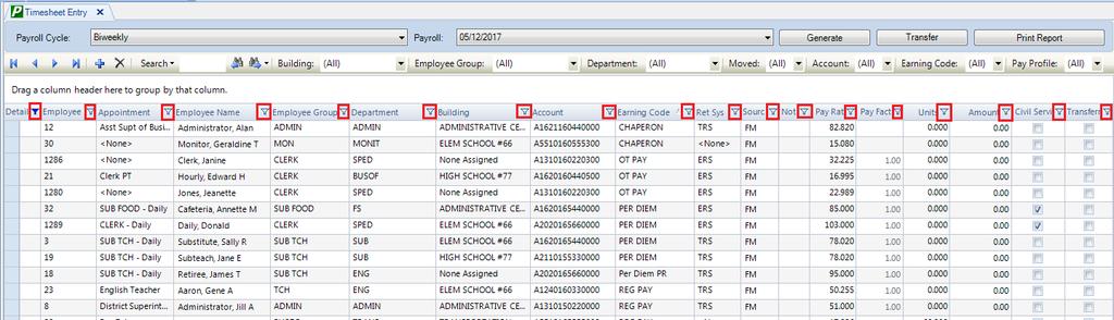 Filters The Timesheet Entry routine provides a variety of filters that can be used to restrict the listing window to specific timesheet records.
