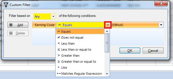 Select (Custom) to create a custom filter based on any or all specified conditions.