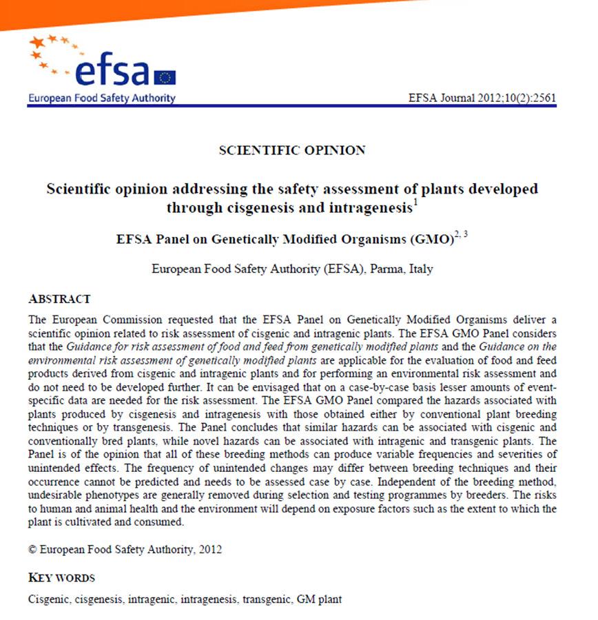 EFSA GMO Panel opinions on NPBT Opinion on cisgenesis and intragenesis