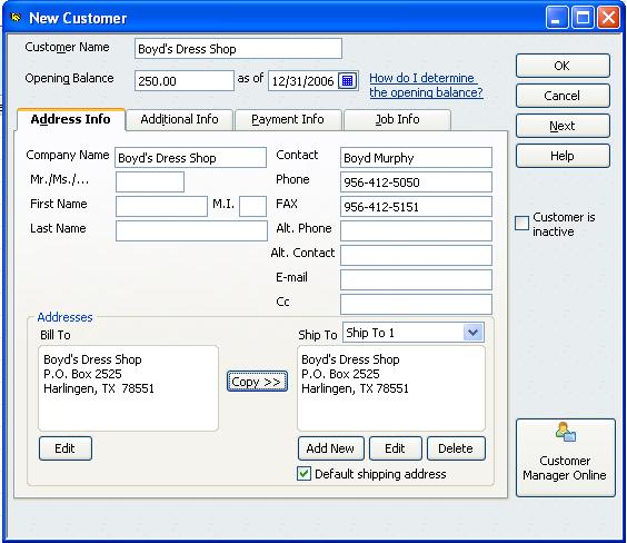Add a New Customer The new customer window is where you enter all the information about a new customer, including billing and shipping addresses, contacts, credit limit, and payment terms.