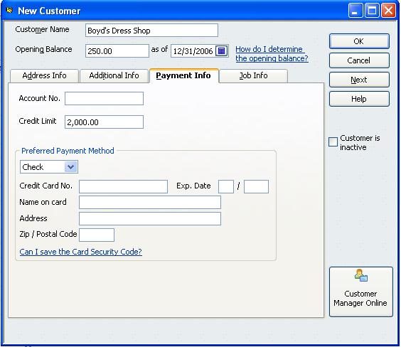 Providing Customer Payment Information The Payment Info tab is where you enter customer account numbers and credit limits.