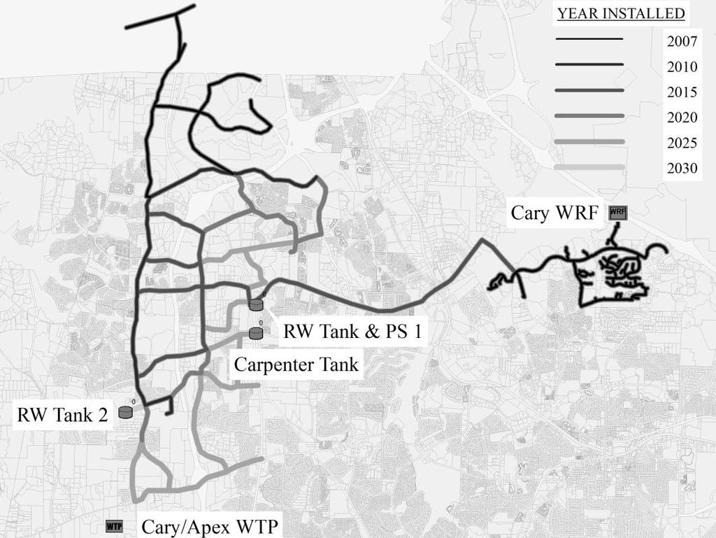 Figure 3.2 Proposed Cary reclaimed water distribution network system expansion by phase.