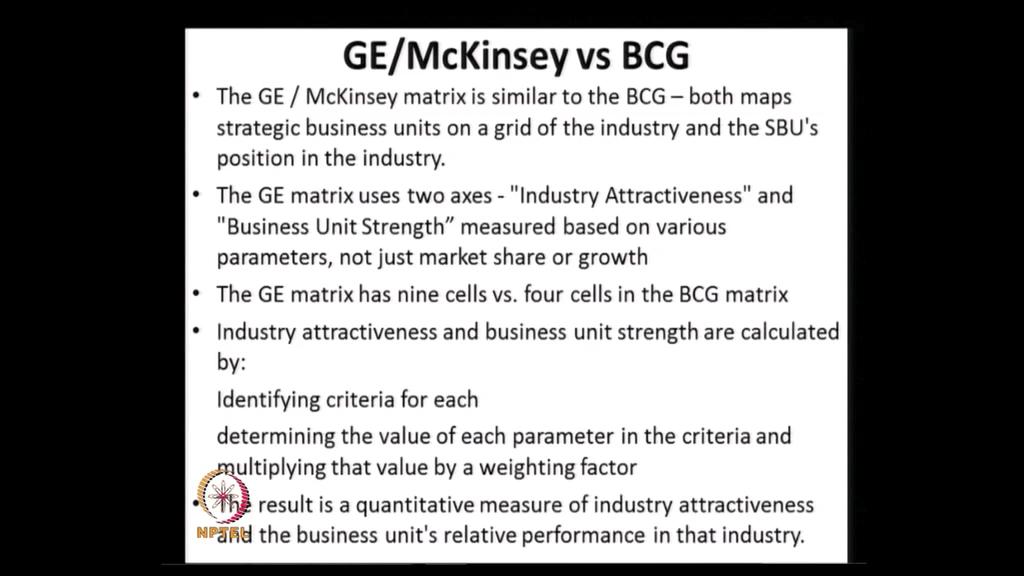 The next matrix is the, GE McKinsey Matrix. This is actually developed by McKinsey, for GE. Which, again uses two parameters. The business unit s strength, and the industry attractiveness.